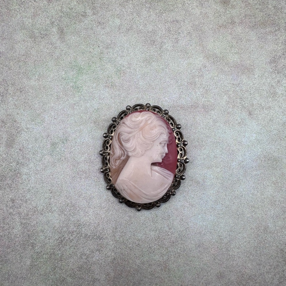 Victorian Style Shell Cameo Brooch Pendant - Pink on Burgundy
